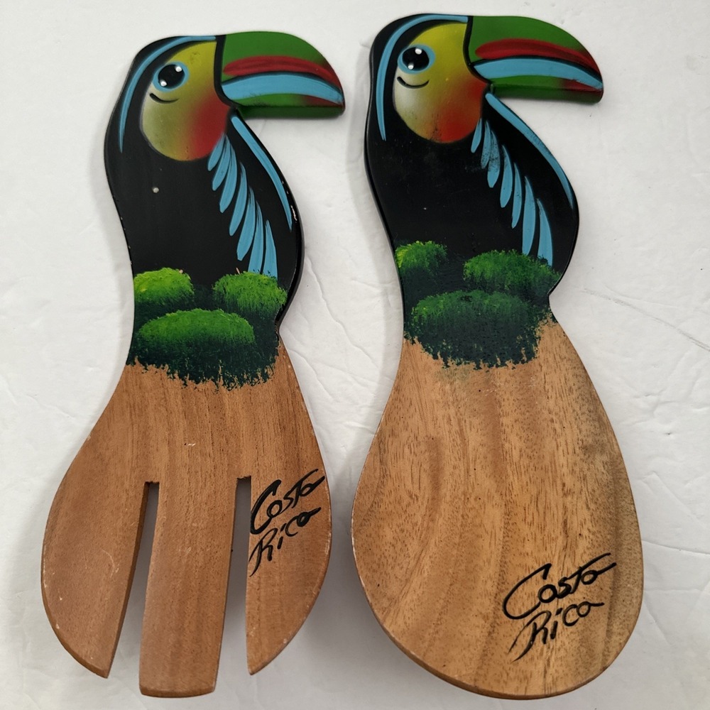 Salad Fork And Spoon Display Curved Wood Toucans Costa Rica Hand Painted